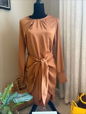 Tie-Waist Long-Sleeve Satin Dress in Caramel Brown